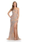 Dazzling fully beaded one-shoulder gown featuring an asymmetric cut-out and a left leg slit for a bold and glamorous entrance. Perfect for special occasions.