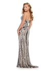 Back - Eye-catching fully beaded gown featuring a structured strapless bustier, intricate beadwork designed to accentuate your curves, a left leg slit, and a sweep train for a showstopping entrance. Perfect for glamorous events.