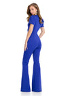 Back - Chic scuba jumpsuit featuring a V-neckline with lapel detailing, slight puff sleeves, and flare pant legs for a stylish and sophisticated look. Perfect for any fashion-forward occasion.
