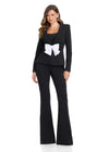 Powerfully chic two-piece scuba jumpsuit featuring a classic blazer-style jacket with a statement bow detail and fit-and-flare pants for the ultimate boss babe look. Perfect for bold and stylish occasions.
