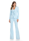 Powerfully chic two-piece scuba jumpsuit featuring a classic blazer-style jacket with a statement bow detail and fit-and-flare pants for the ultimate boss babe look. Perfect for bold and stylish occasions.