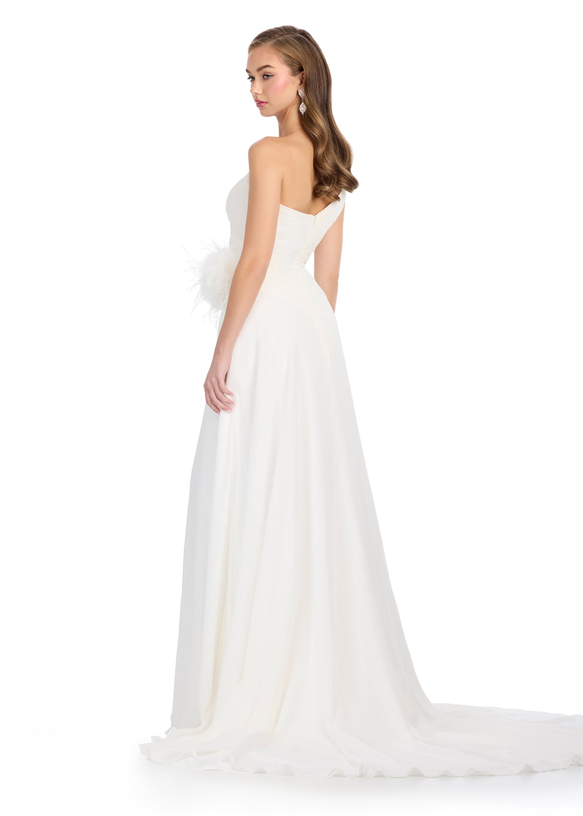 ASHLEYlauren 11969 - White One Shoulder Evening Gown - Chiffon High Slit Dress - Back View