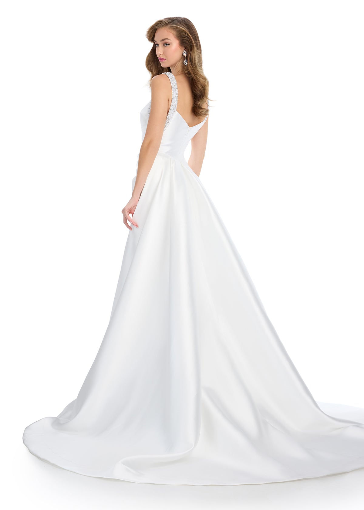 Back - Regal mikado gown featuring fully beaded straps, a ruched bustier for a flattering fit, a sleek column skirt, and a sweeping overskirt for a dramatic, timeless look. Perfect for making a grand entrance.