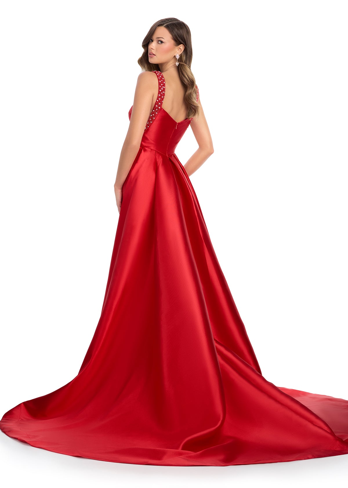 Back - Regal mikado gown featuring fully beaded straps, a ruched bustier for a flattering fit, a sleek column skirt, and a sweeping overskirt for a dramatic, timeless look. Perfect for making a grand entrance.