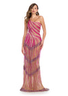 Fuchsia fully beaded one-shoulder gown featuring intricate beadwork and a fringe-adorned waistline that cascades down the skirt, creating a dazzling silhouette. Perfect for elegant evening events.