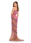 Back - Fuchsia fully beaded one-shoulder gown featuring intricate beadwork and a fringe-adorned waistline that cascades down the skirt, creating a dazzling silhouette. Perfect for elegant evening events.