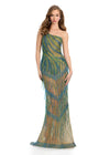 Peacock fully beaded one-shoulder gown featuring intricate beadwork and a fringe-adorned waistline that cascades down the skirt, creating a dazzling silhouette. Perfect for elegant evening events.