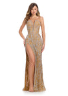 Enchanting fully beaded strapless gown featuring an illusion V-neckline, a structured bustier, dazzling fringe details, and a right leg slit for a showstopping look. Perfect for special occasions.