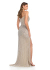 Back - Elegant strapless gown featuring a sweetheart neckline, exposed corset boning, intricate beadwork, and a right leg slit. Finished with fringe detailing for a glamorous touch. Perfect for special occasions.