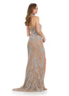 Back - Luxurious fully beaded gown featuring a chic strapless neckline, a sophisticated beaded collar, and a right leg slit. Designed with intricate hand-beaded patterns that sparkle with every movement for an unforgettable look.