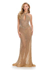 Breathtaking fully beaded gown featuring a halter neckline, elegant cut-out detail, and a sweeping train for a grand entrance. Perfect for glamorous events.