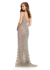 Back - Showstopping fully beaded gown featuring intricate beadwork, a plunging V-neckline, and an elegant V-back for a glamorous and unforgettable look. Perfect for special occasions.