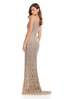 Back - Dazzling fully beaded gown encrusted with crystals, featuring a deep V-neckline, open V-back, and a fringe skirt for a showstopping look. Perfect for capturing the spotlight at any event.