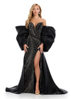 ASHLEYlauren 12007 | Black off-shoulder cape with oversized bow and dramatic overskirt, perfect for stage moments and prom statements