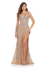 Luxurious strapless gown featuring a plunging sweetheart neckline, intricate beading, and a left leg slit for a curve-enhancing, glamorous look. Perfect for special occasions.