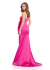 Vack Elegant one-shoulder satin gown featuring cascading 3D floral accents, a side cut-out, a left leg slit, and a sweep train for a statement-making look. Perfect for special occasions.