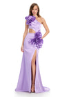 Elegant one-shoulder satin gown featuring cascading 3D floral accents, a side cut-out, a left leg slit, and a sweep train for a statement-making look. Perfect for special occasions.