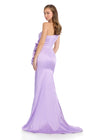 Back - Elegant one-shoulder satin gown featuring cascading 3D floral accents, a side cut-out, a left leg slit, and a sweep train for a statement-making look. Perfect for special occasions.