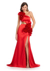 Elegant one-shoulder satin gown featuring cascading 3D floral accents, a side cut-out, a left leg slit, and a sweep train for a statement-making look. Perfect for special occasions.
