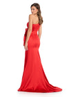 Back - Elegant one-shoulder satin gown featuring cascading 3D floral accents, a side cut-out, a left leg slit, and a sweep train for a statement-making look. Perfect for special occasions.