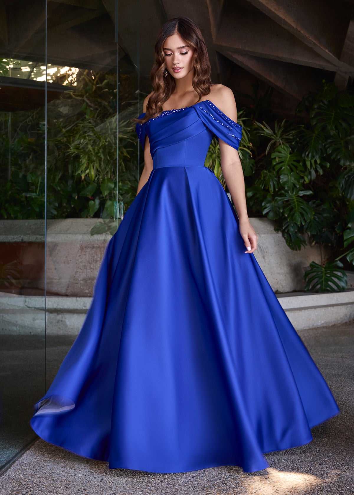 ASHLEYlauren 12017 - Embellished Off Shoulder, Bardot Ball Gown