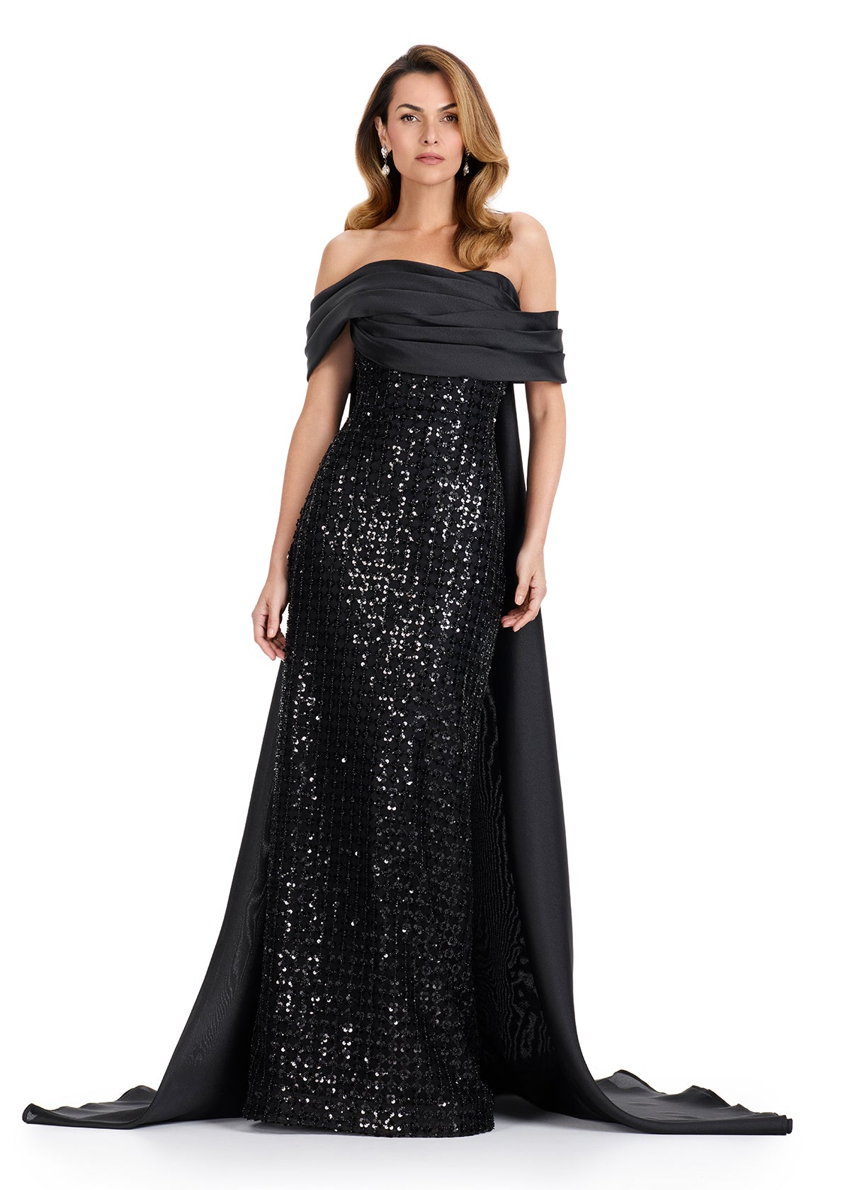 ASHLEYlauren 12020 Off-Shoulder Beaded Gown with Organza Cape ASHLEYlauren 12020 Off-Shoulder Beaded Gown with Organza Cape