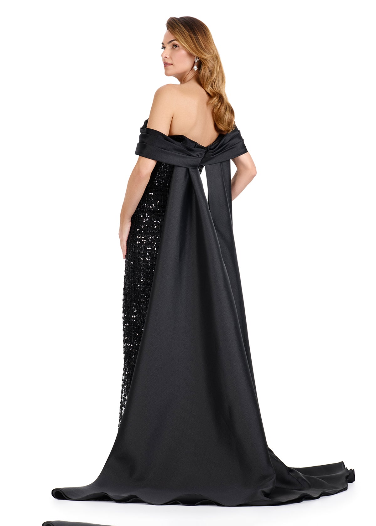 ASHLEYlauren 12020 Off-Shoulder Beaded Gown with Organza Cape