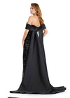 ASHLEYlauren 12020 | Black off-shoulder beaded gown with organza cape, square-stitch bead pattern, and draped sleeves.