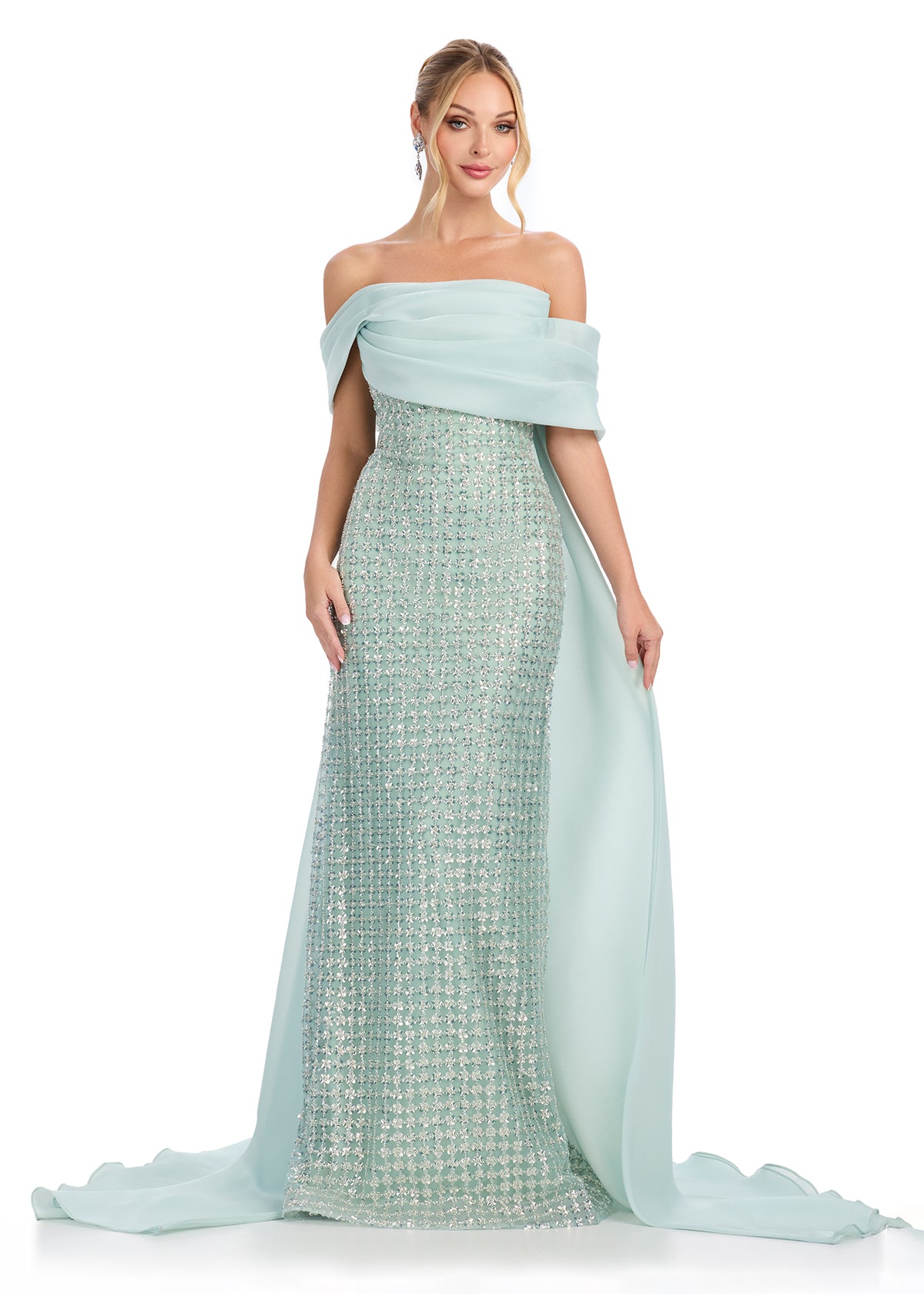 ASHLEYlauren 12020 Off-Shoulder Beaded Gown with Organza Cape ASHLEYlauren 12020 Off-Shoulder Beaded Gown with Organza Cape
