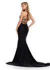 Back - Statement-making jersey gown featuring a corset bustier, illusion V-neckline, asymmetrical waist, and shimmering press-on stones. Finished with a lace-up back for a perfect fit. Ideal for prom and special occasions.