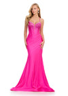 Statement-making jersey gown featuring a corset bustier, illusion V-neckline, asymmetrical waist, and shimmering press-on stones. Finished with a lace-up back for a perfect fit. Ideal for prom and special occasions.