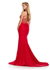 Statement-making jersey gown featuring a corset bustier, illusion V-neckline, asymmetrical waist, and shimmering press-on stones. Finished with a lace-up back for a perfect fit. Ideal for prom and special occasions. Back