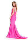 ASHLEYlauren 12030 | Fuchsia jersey gown with V-neckline, pearl and press-on stone embellishments, and illusion side accents.