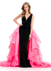 ASHLEYlauren 12049 | Black-Hot Pink dramatic velvet gown featuring structured bodice, voluminous organza ruffle skirt, and bold two-tone design.