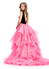 ASHLEYlauren 12049 | Black-Hot Pink velvet and organza ball gown with plunging V-neckline, deep V-back, and layered ruffle skirt.