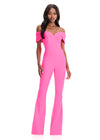 ASHLEYlauren 12054 | Hot-Pink off-shoulder fitted jumpsuit featuring flattering tailored fit and wide flared leg silhouette.