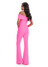 ASHLEYlauren 12054 | Hot-Pink scuba jumpsuit with off-shoulder neckline, structured bodice, and flared leg design.