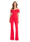 ASHLEYlauren 12054 | Red off-shoulder fitted jumpsuit featuring tailored bodice, sleek silhouette, and elegant flared legs.