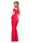 ASHLEYlauren 12054 | Red scuba jumpsuit with off-shoulder neckline, fitted bodice, and flared leg silhouette.