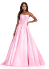 ASHLEYlauren 12055 | Ice-Pink Mikado ball gown featuring fitted strapless top, elegant pleating, and flowing skirt for timeless glamour.