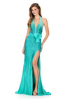 ASHLEYlauren 12064 Gown | Aqua halter evening gown with sparkling press-on bead embellishments over jersey, featuring a thigh-high slit and dramatic back bow detail for sleek, red carpet glamour.