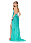 ASHLEYlauren 12064 Gown | Aqua halter evening gown with sparkling press-on bead embellishments over jersey, featuring a thigh-high slit and dramatic back bow detail for sleek, red carpet glamour. Back view