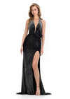 ASHLEYlauren 12064 | Black halter jersey gown with press-on beading, thigh-high slit, and statement bow detail.