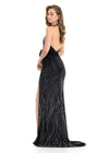 ASHLEYlauren 12064 | Black fitted halter gown featuring sparkling press-on beads, sleek silhouette, and dramatic slit with bow accent.