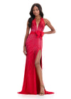 ASHLEYlauren 12064 Gown | Red beaded halter gown crafted from luxe jersey with a high slit and oversized bow detail, designed for sleek sophistication and statement-making elegance.