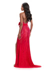 ASHLEYlauren 12064 Gown | Red halter evening gown with sparkling press-on bead embellishments over jersey, featuring a thigh-high slit and dramatic back bow for bold, red carpet glamour. Back