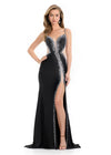 ASHLEYlauren 12071 | Black jersey gown with press-on beading, sweetheart neckline, thin straps, and dramatic front slit.