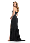 ASHLEYlauren 12071 | Black fitted jersey evening gown featuring cascading embellishments, sweetheart neckline, and elegant side slit.
