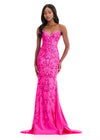 ASHLEYlauren 12074 | Fuchsia fitted jersey evening gown featuring sparkling beadwork, elegant silhouette, and long flowing train.