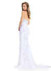 ASHLEYlauren 12074 | White jersey evening gown with sweetheart neckline, press-on beading, and elegant flowing train.